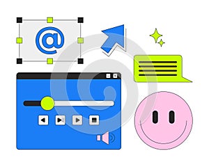 Digital interface controls and emoji 2D cartoon objects set