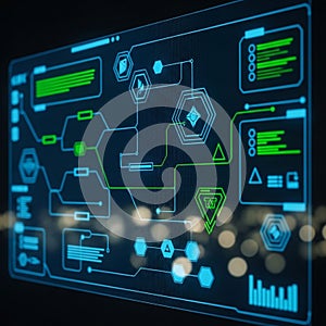 Digital interface with a dark background featuring holographic