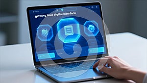 Digital Interface Dashboard on Laptop with Blue Glowing UI