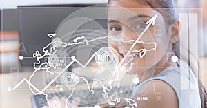 Digital interface with data processing against portrait of girl using computer