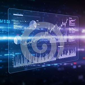 Digital interface with data visualizations, including line graphs, bar charts, and pie