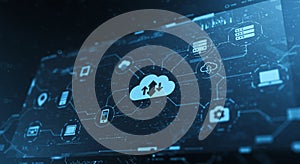 Digital interface depicting a cloud computing network. Central cloud icon with upward