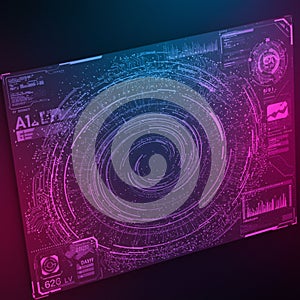 Digital interface design featuring a futuristic dashboard with concentric circular