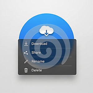 A digital interface design shows a circular blue cloud icon with a download arrow,