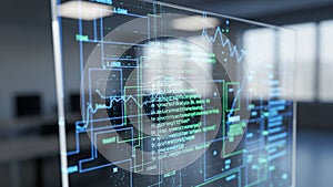 Digital interface displaying abstract programming code and data analysis