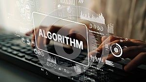 Digital Interface Displaying Algorithm Concept with Data Visualizations and Hands on Keyboard. Asymptotic smart data