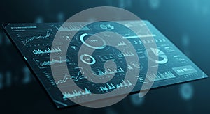Digital interface displaying analytic data visualizations in a futuristic style. Features