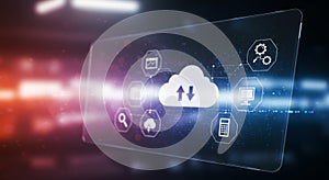 Digital interface displaying cloud computing concepts. Centralized cloud icon with