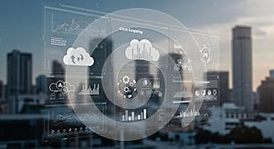 Digital interface displaying cloud computing data overlays a cityscape. Charts, graphs,