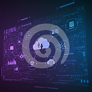 Digital interface displaying cloud computing icons interconnected by lines, suggesting