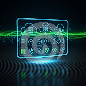 Digital interface displaying cloud computing icons server symbols and