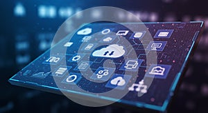 Digital interface displaying cloud computing and technology icons, including cloud