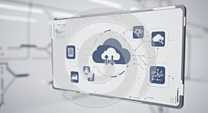 Digital interface displaying cloud computing and technology icons on a semi-