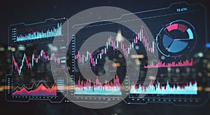Digital interface displaying a collection of financial graphs and charts against a