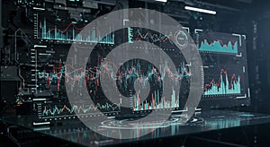 Digital interface displaying complex data analytics on transparent screens, featuring