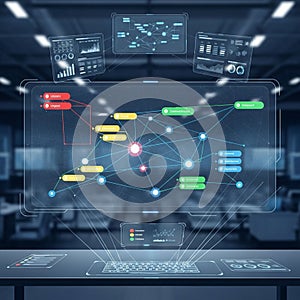 Digital interface displaying a complex network diagram on a transparent