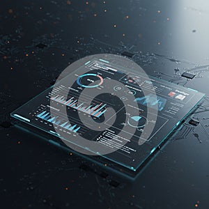 A digital interface displaying data analytics with holographic elements. The interface