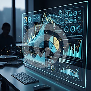 Digital interface displaying data analytics, including graphs,