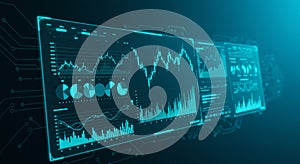 Digital interface displaying data analytics visualizations in futuristic style. Features