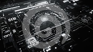 Digital interface displaying data and futuristic technology details