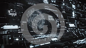 Digital interface displaying data and holographic elements