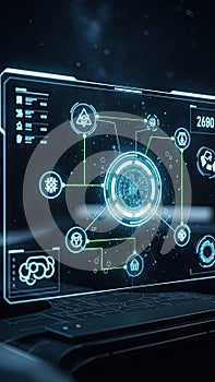 Digital interface displaying data and information technology symbols