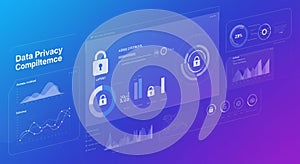 Digital interface displaying data privacy concepts with charts, graphs, and lock icons.