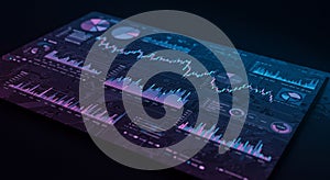 Digital interface displaying data visualizations and analytics includes line graphs, bar