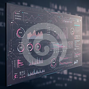 Digital interface displaying data visuals on a futuristic screen. It features multiple
