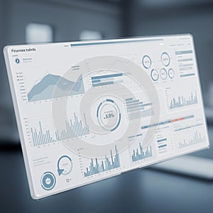 Digital interface displaying financial data and analytics. Includes line graphs, bar