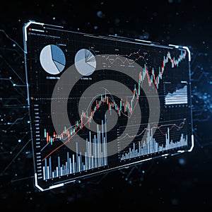 Digital interface displaying financial data with line and bar graphs, pie charts, and