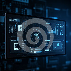 A digital interface displaying a futuristic dashboard with various data visualizations.