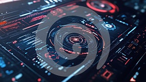 Digital interface displaying futuristic data and cyber elements