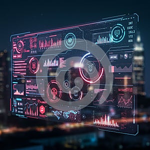 Digital interface displaying futuristic data visualizations in a cityscape backdrop.