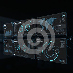 Digital interface displaying futuristic data visualizations on screens. The panels