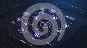 Digital interface displaying a futuristic network of interconnected icons related to