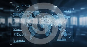 Digital interface displaying a global map with interconnected lines representing data