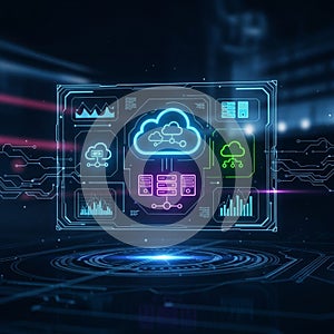 Digital interface displaying a holographic cloud network design