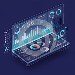 A digital interface displaying holographic data visualizations, including bar charts, line