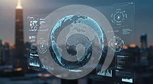 Digital interface displaying a holographic globe with data visualizations, graphs, and