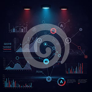Digital interface displaying interconnected data and graphs, overlaid on a dark