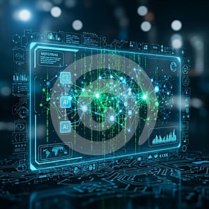 Digital interface displaying interconnected nodes and binary code