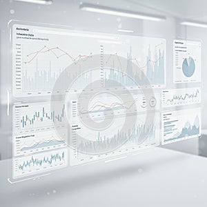 Digital interface displaying multiple analytical charts and graphs. Includes line, bar,