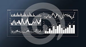 Digital interface displaying multiple data charts on a dark background. Contains