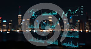 Digital interface displaying multiple data charts and graphs, including line, bar, and pie