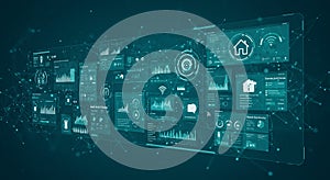 Digital interface displaying multiple data panels, each featuring graphs, charts, and