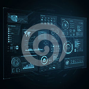 A digital interface displaying multiple data panels in a futuristic style. The layout
