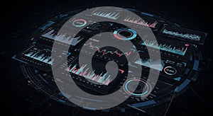 Digital interface displaying multiple data visualization panels on a dark background.