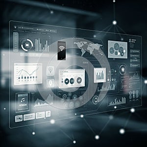 Digital interface displaying multiple data visualizations, including bar graphs, pie