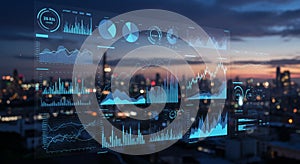 Digital interface displaying multiple data visualizations, including bar, pie, and line